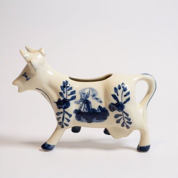 Blue Delft Cow Shaped Creamer Classic Blue & White Windmill & Floral Design 6" - Picture 1 of 8